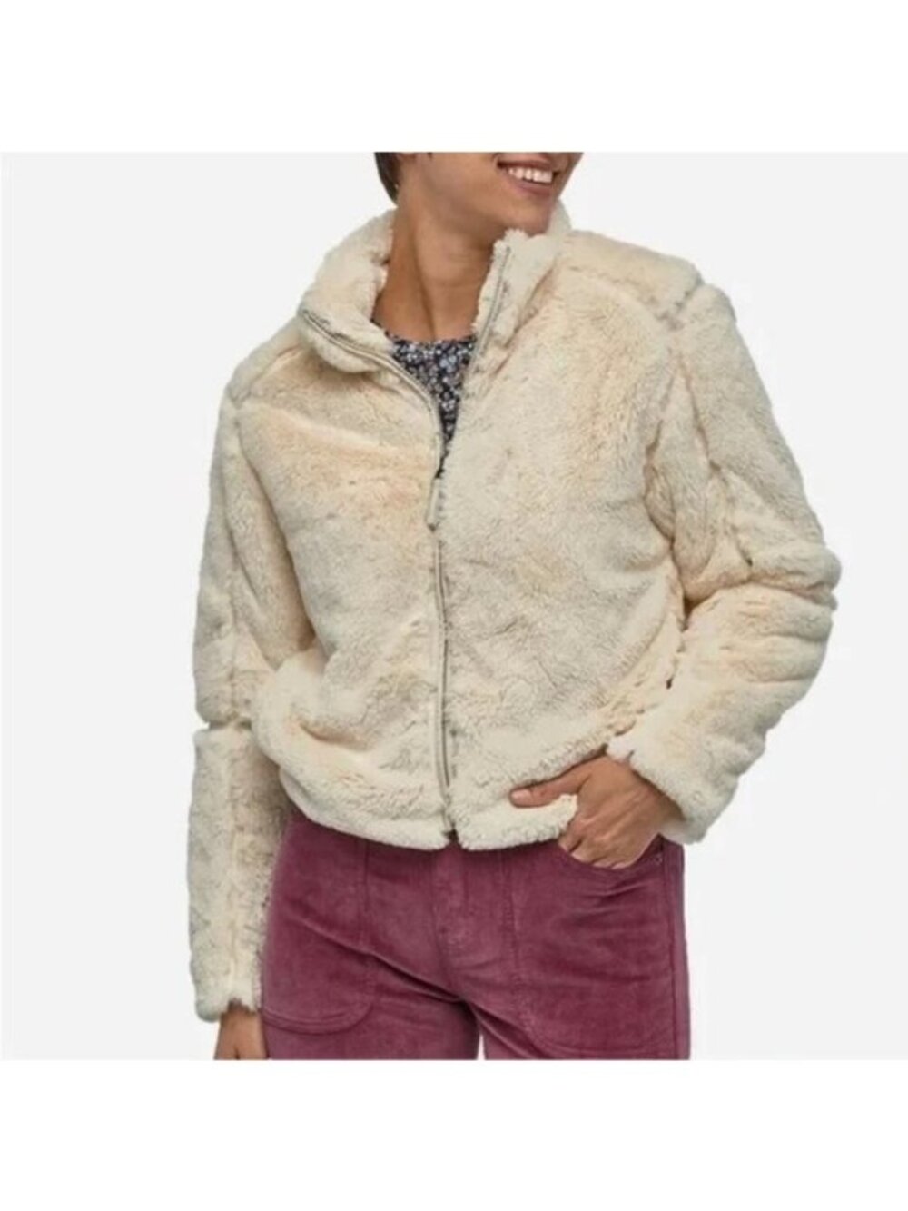Patagonia Lunar Frost Jacket L Ivory White Faux Fur Teddy Coat Fleece Outdoor